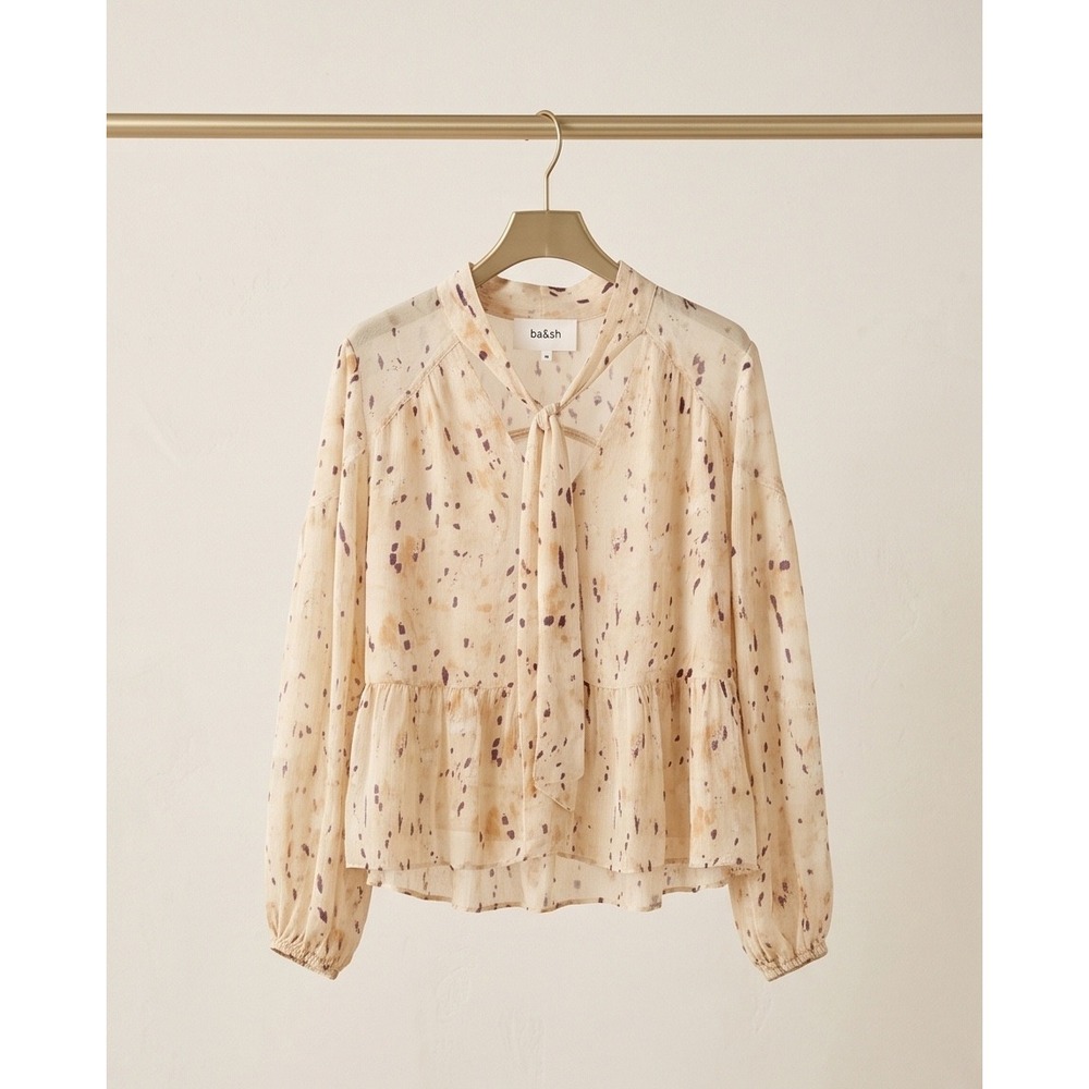 Ba&sh Tie Neck Peplum Blouse Beige Abstract Print Long Sleeve Top Size M